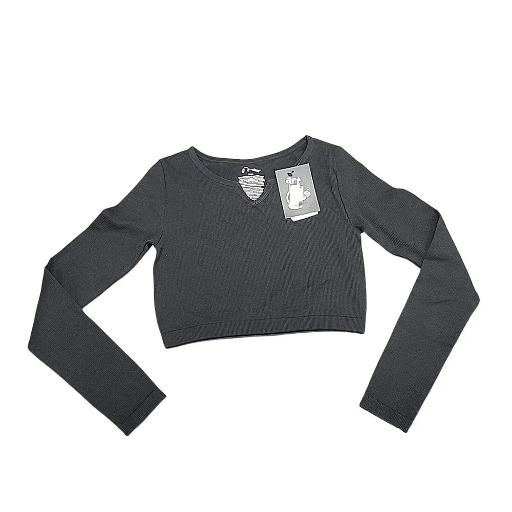 Kids Girls Long Sleeves Casual Notched Neck Tee Shirt Top Medium Size 8 Black